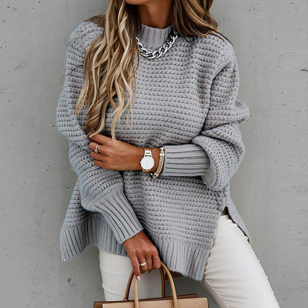 Dames Trui Oversized met Hoge Kraag en Zijsplit Chunky Gebreide Pullover Winterkleding Warm Comfortabel | Sulvida