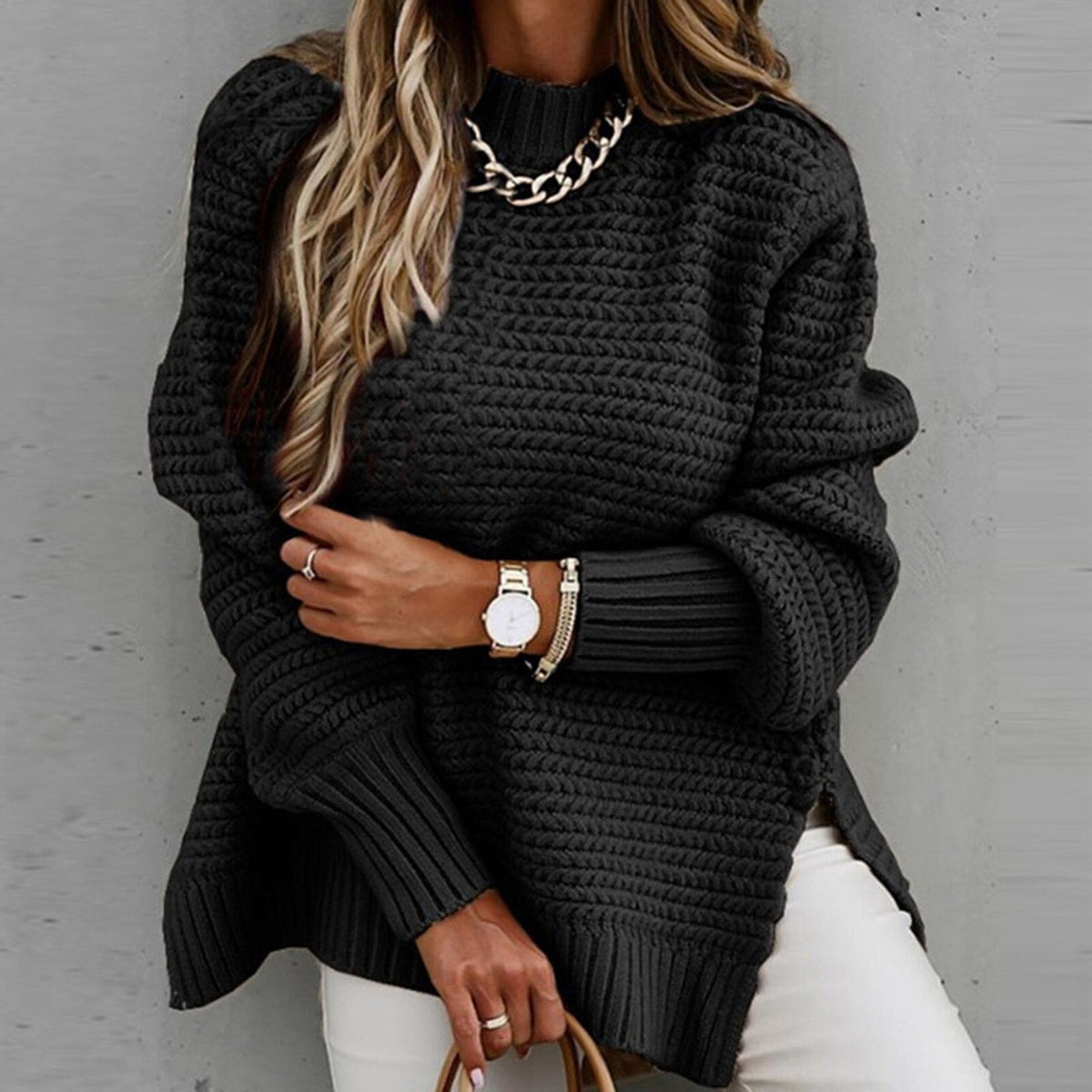 Dames Trui Oversized met Hoge Kraag en Zijsplit Chunky Gebreide Pullover Winterkleding Warm Comfortabel | Sulvida