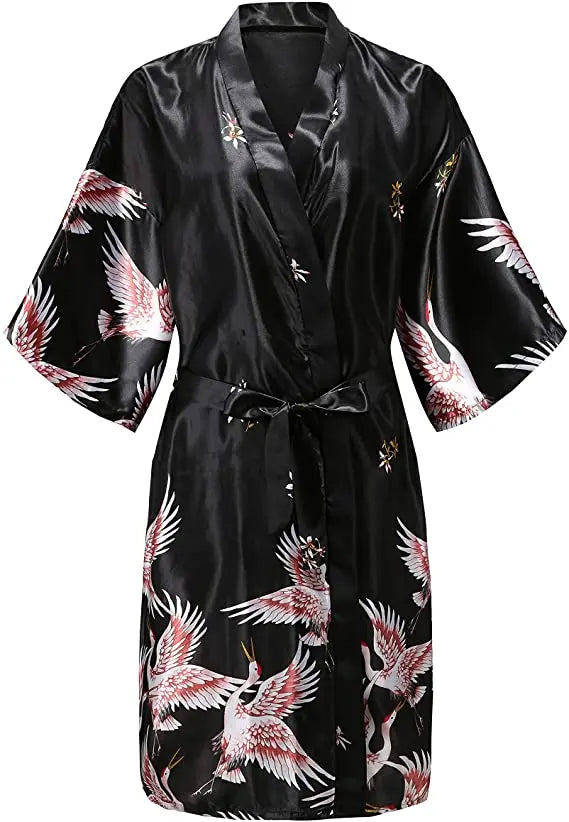 Peignoir kimono en satin à imprimé floral pour femme, manches courtes, vêtement d’intérieur de luxe à l’éclat soyeux | Sulvida