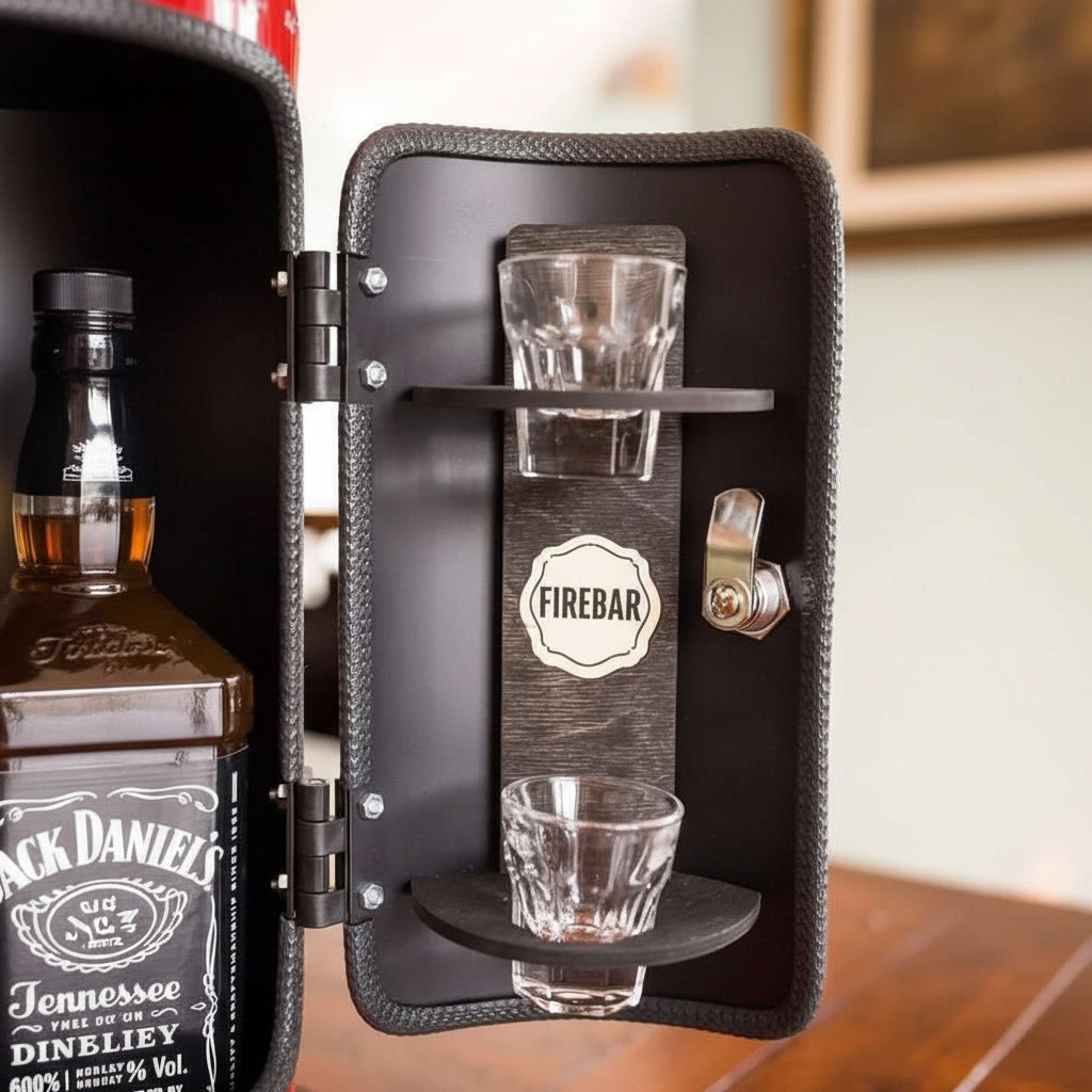 Verborgen minibar brandblusser design metaal rood zwart opslag drankflessen bar decoratie woonkamer interieur | Sulvida