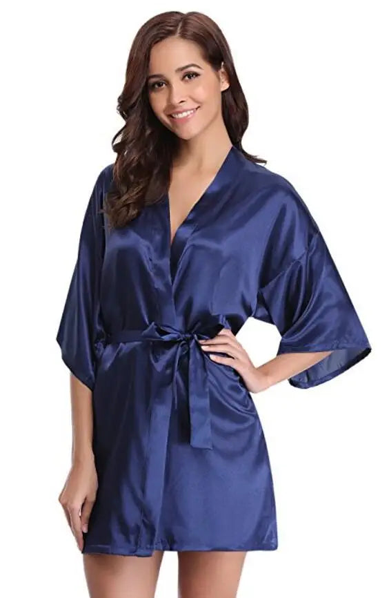Satijnen Kimono Ochtendjas Dames Marineblauw Knielengte Bruidsmeisje Badjas Luxe Polyester Satijn Nachtkleding | Sulvida