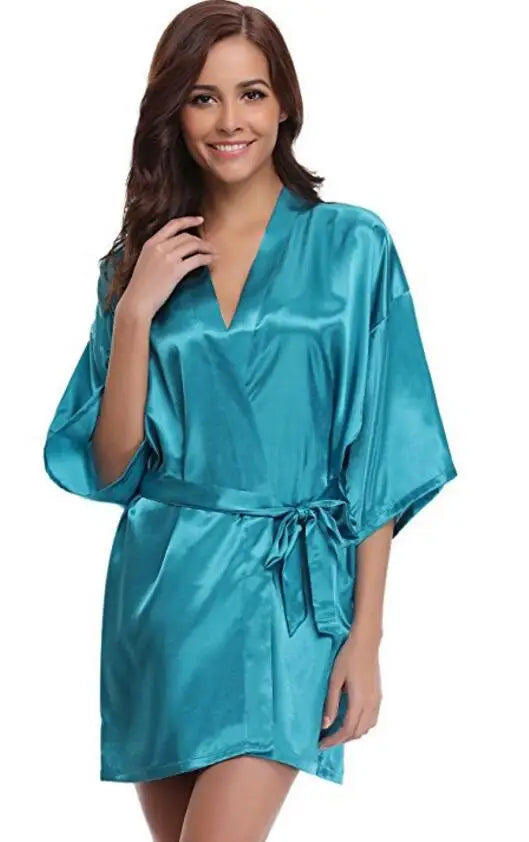 Satijnen Kimono Ochtendjas Dames Marineblauw Knielengte Bruidsmeisje Badjas Luxe Polyester Satijn Nachtkleding | Sulvida