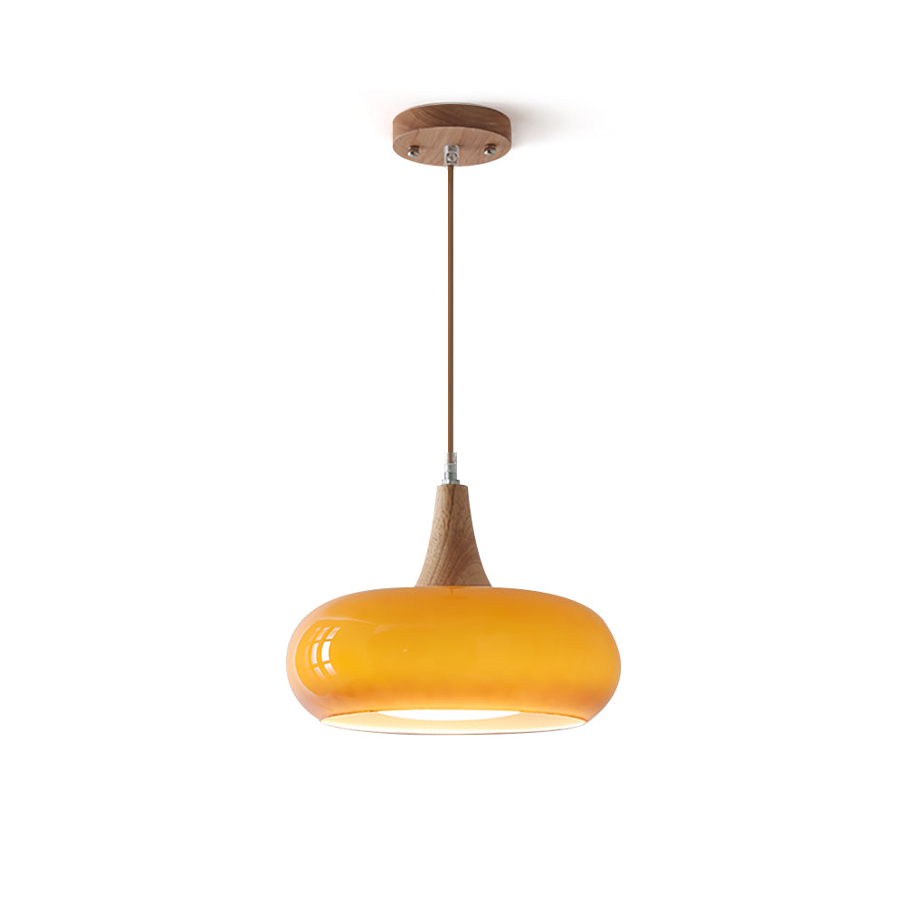 Hanglamp met Houten Kap Amber Glas Scandinavisch Design Eetkamer Keuken Modern Interieur Verlichting | Sulvida