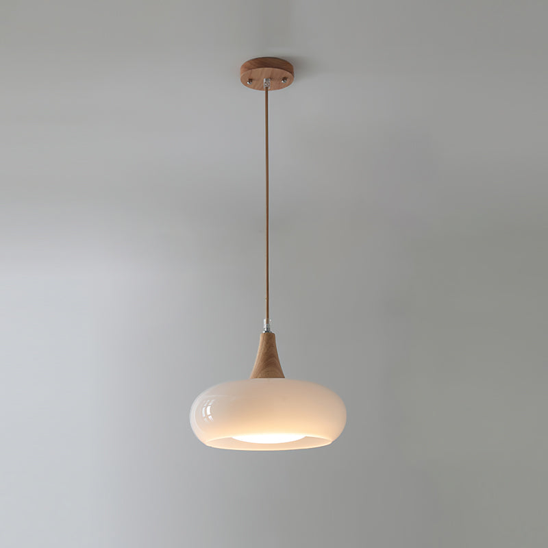 Hanglamp met Houten Kap Amber Glas Scandinavisch Design Eetkamer Keuken Modern Interieur Verlichting | Sulvida
