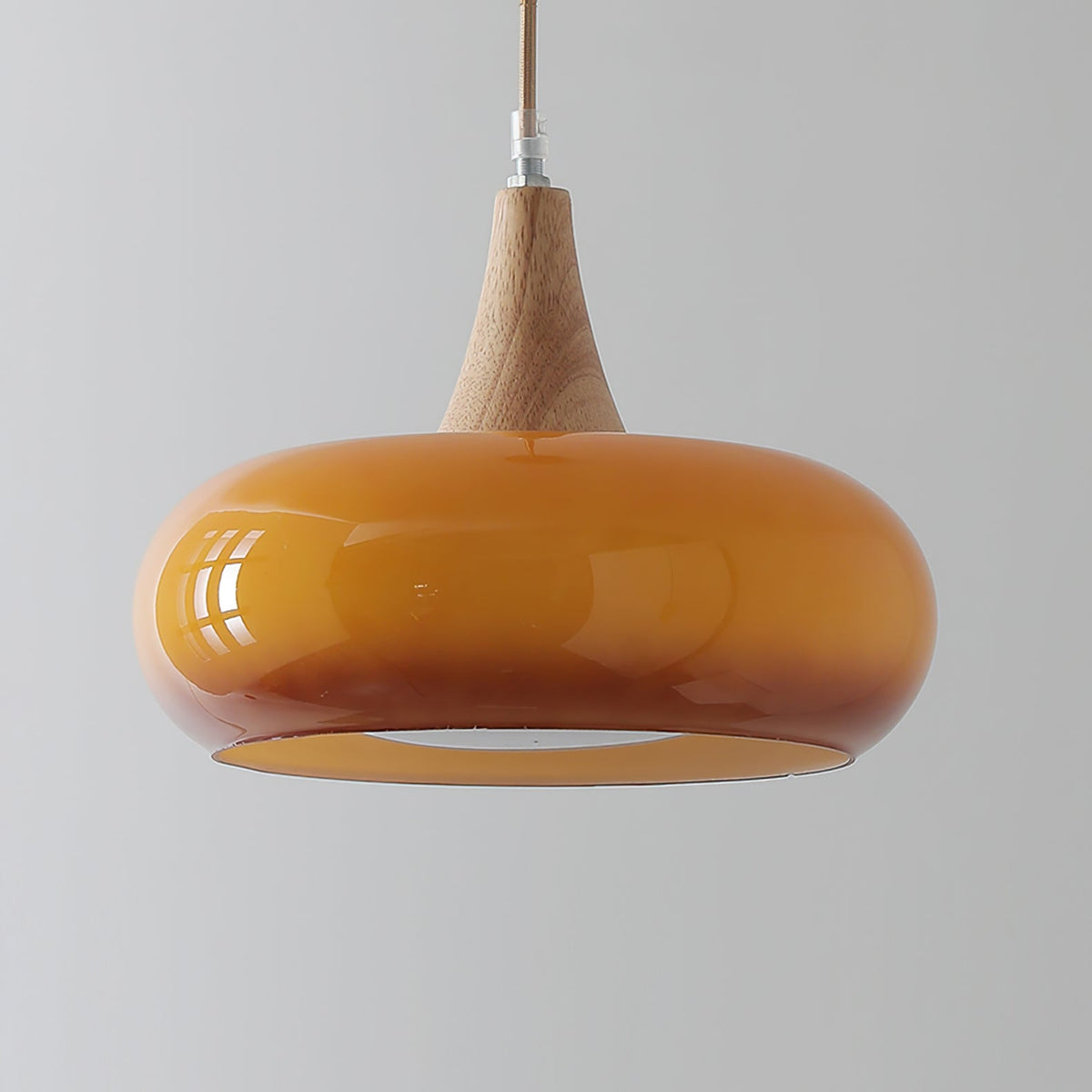 Hanglamp met Houten Kap Amber Glas Scandinavisch Design Eetkamer Keuken Modern Interieur Verlichting | Sulvida