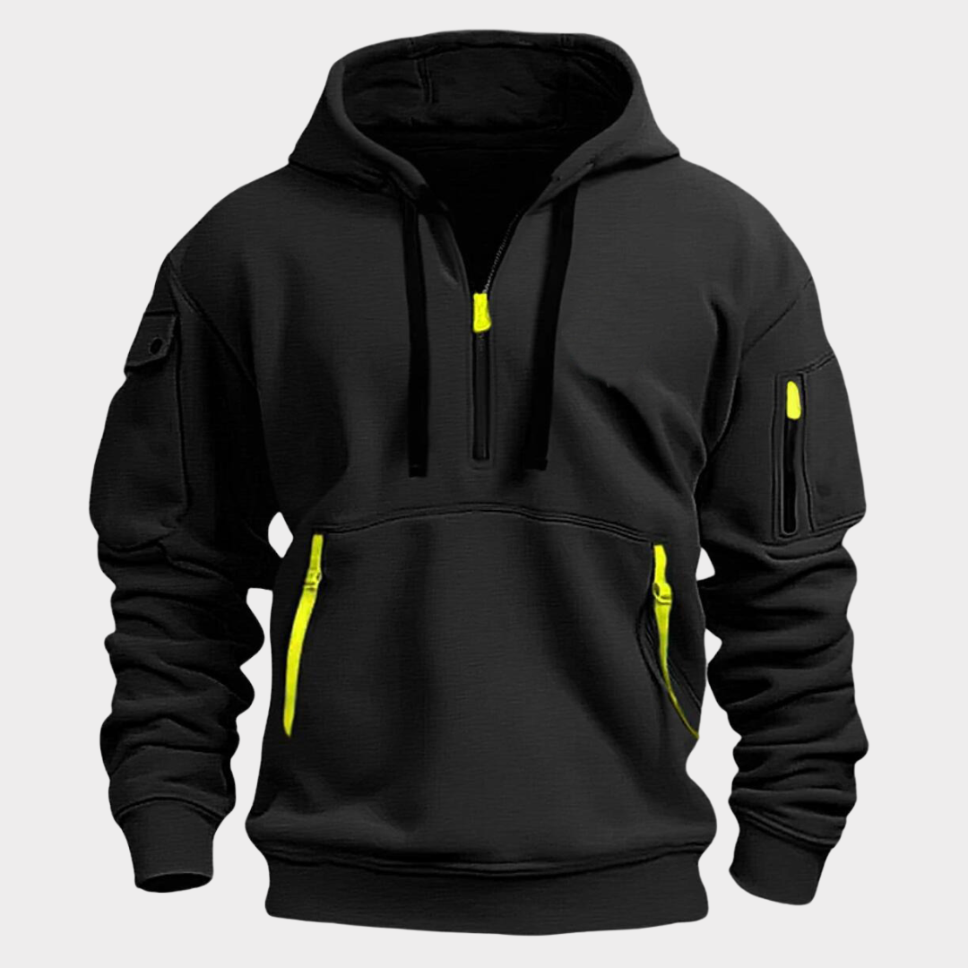Sweat à capuche half-zip pour homme, col réglable, poches zippées, coupe confortable, qualité durable, style décontracté et sportif | Sulvida
