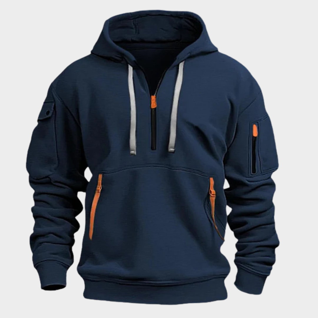 Sweat à capuche half-zip pour homme, col réglable, poches zippées, coupe confortable, qualité durable, style décontracté et sportif | Sulvida