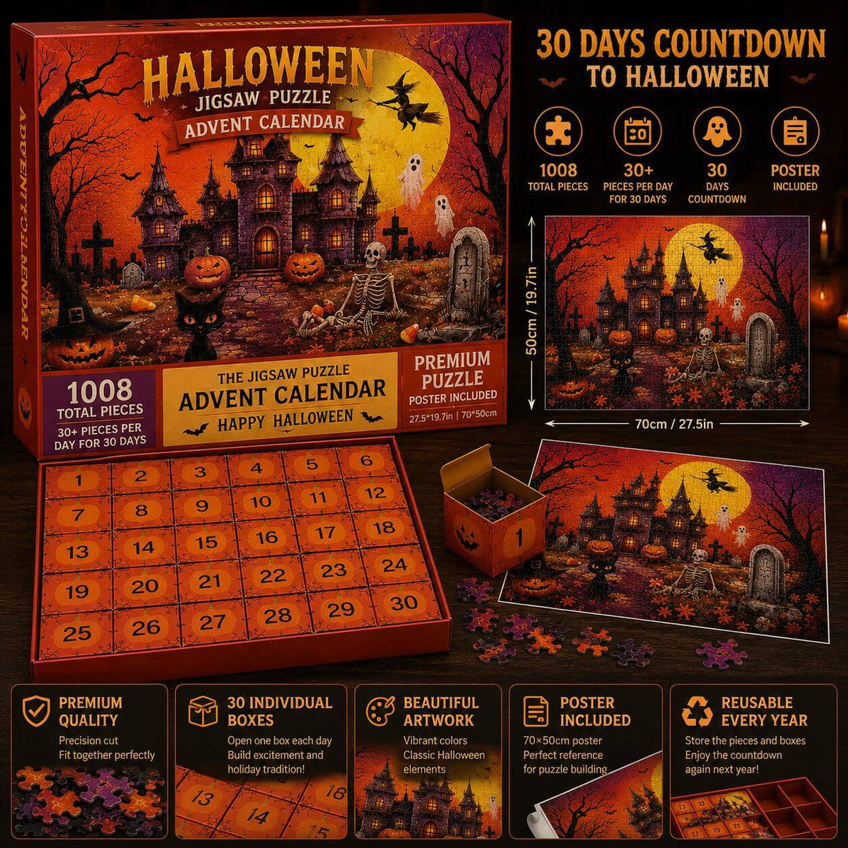 Adventskalender mit 1008-teiligen Puzzles, Thema Spukschloss, ab 8 Jahren, Halloween-Puzzle für Kinder | Sulvida