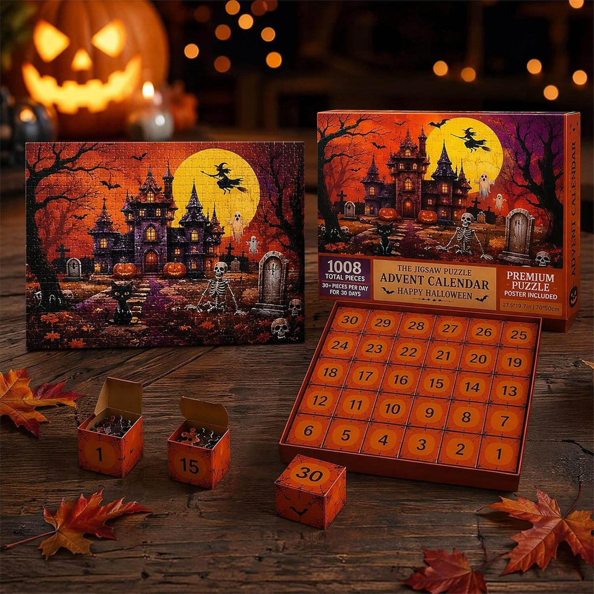 Adventskalender mit 1008-teiligen Puzzles, Thema Spukschloss, ab 8 Jahren, Halloween-Puzzle für Kinder | Sulvida