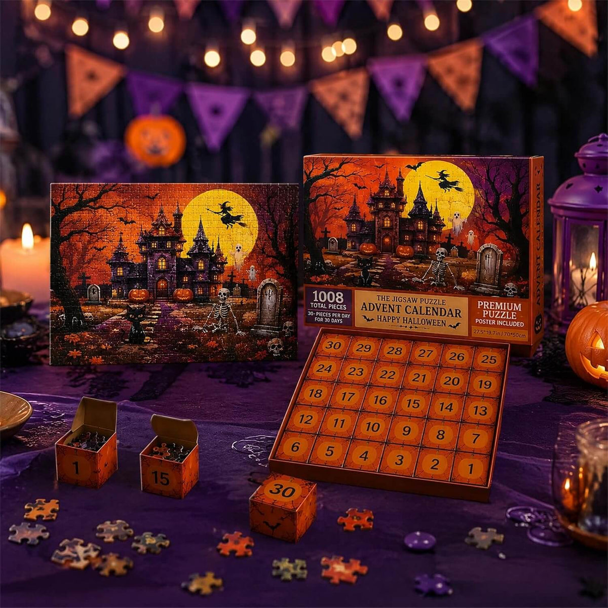 Adventskalender mit 1008-teiligen Puzzles, Thema Spukschloss, ab 8 Jahren, Halloween-Puzzle für Kinder | Sulvida