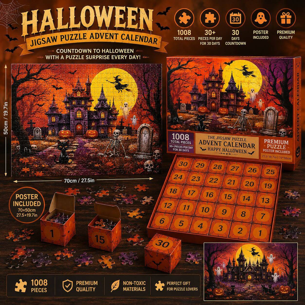 Adventskalender mit 1008-teiligen Puzzles, Thema Spukschloss, ab 8 Jahren, Halloween-Puzzle für Kinder | Sulvida