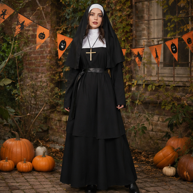 Nonnen Horror Kostuum Volwassenen Zwart Religieuze Cosplay Outfit Halloween Feest Duistere Verkleedkleding | Sulvida
