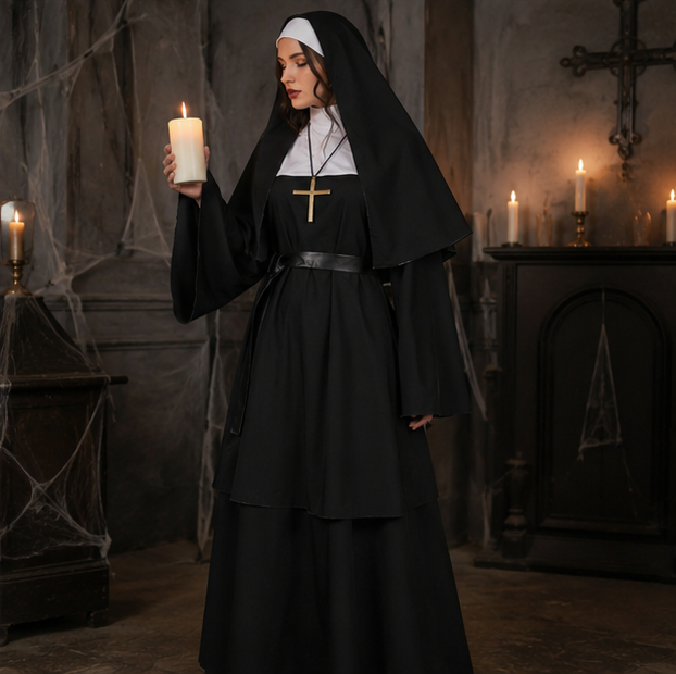 Nonnen Horror Kostuum Volwassenen Zwart Religieuze Cosplay Outfit Halloween Feest Duistere Verkleedkleding | Sulvida