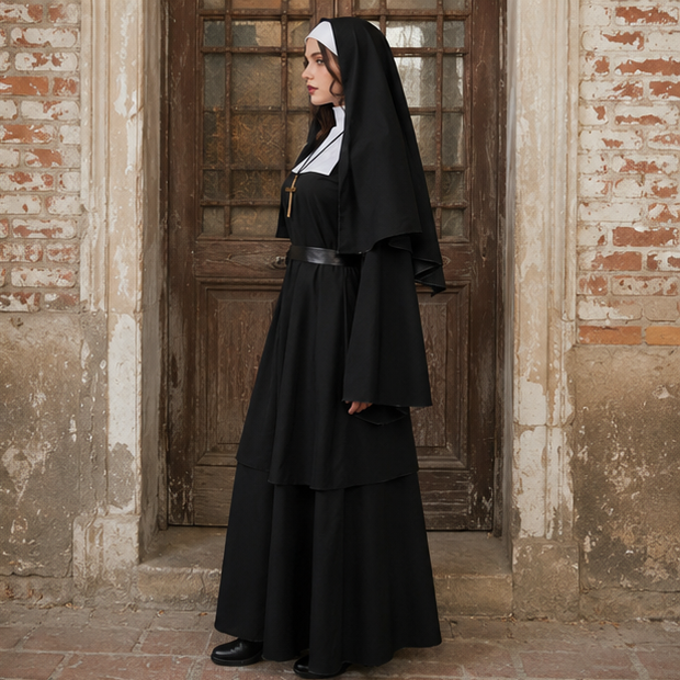 Nonnen Horror Kostuum Volwassenen Zwart Religieuze Cosplay Outfit Halloween Feest Duistere Verkleedkleding | Sulvida