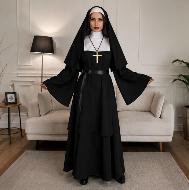 Nonnen Horror Kostuum Volwassenen Zwart Religieuze Cosplay Outfit Halloween Feest Duistere Verkleedkleding | Sulvida
