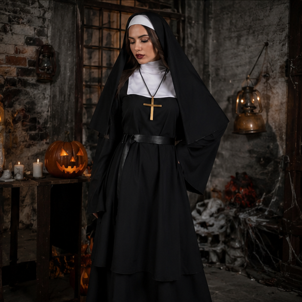 Nonnen Horror Kostuum Volwassenen Zwart Religieuze Cosplay Outfit Halloween Feest Duistere Verkleedkleding | Sulvida