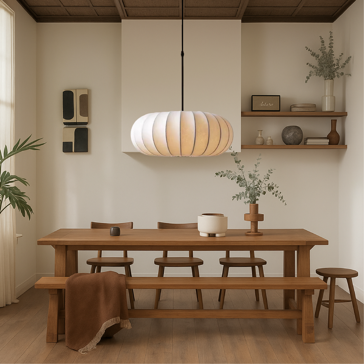 Handgeweven Zijden Hanglamp Rond E27 Verstelbaar 30-60cm Eetkamer Bar Wabi-Sabi Stijl Minimalistisch | Sulvida