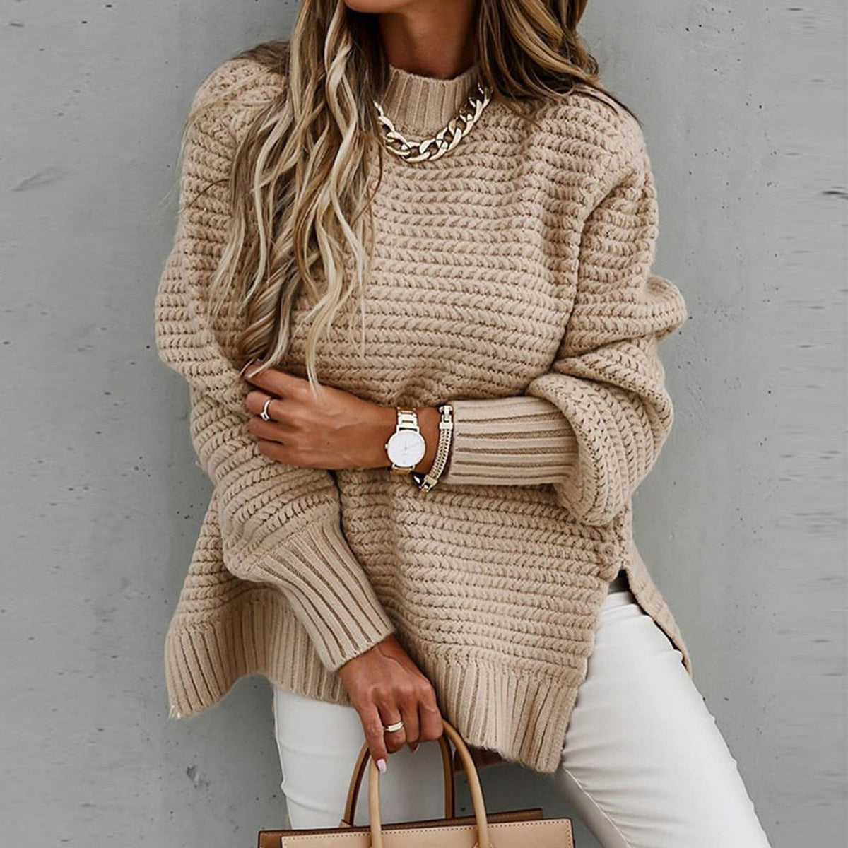 Dames Trui Oversized met Hoge Kraag en Zijsplit Chunky Gebreide Pullover Winterkleding Warm Comfortabel | Sulvida