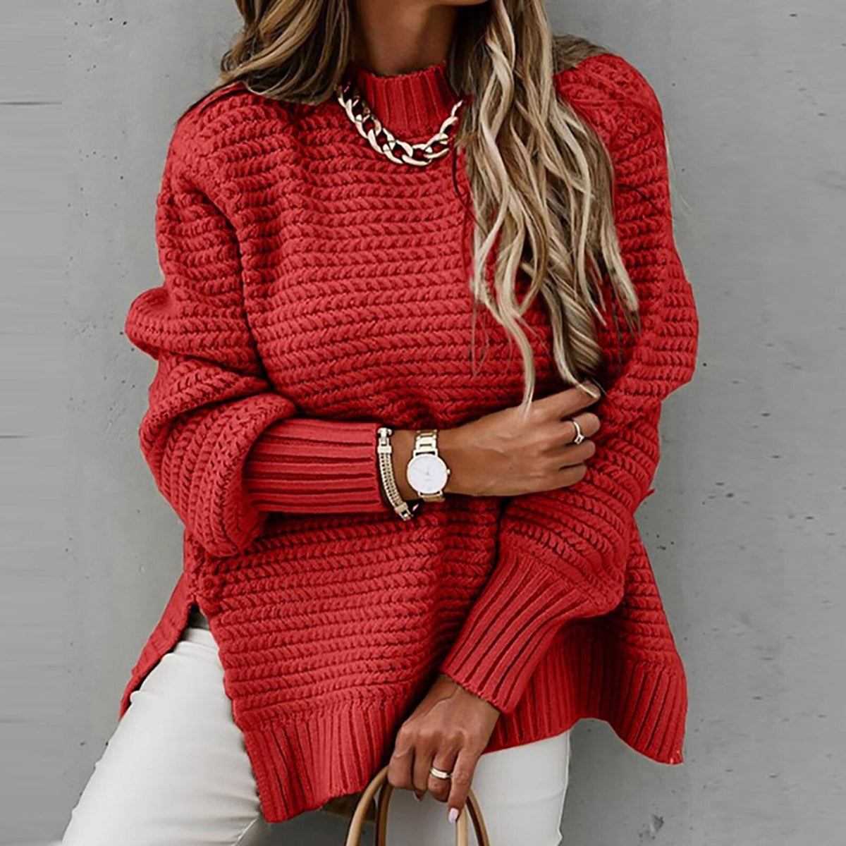Dames Trui Oversized met Hoge Kraag en Zijsplit Chunky Gebreide Pullover Winterkleding Warm Comfortabel | Sulvida