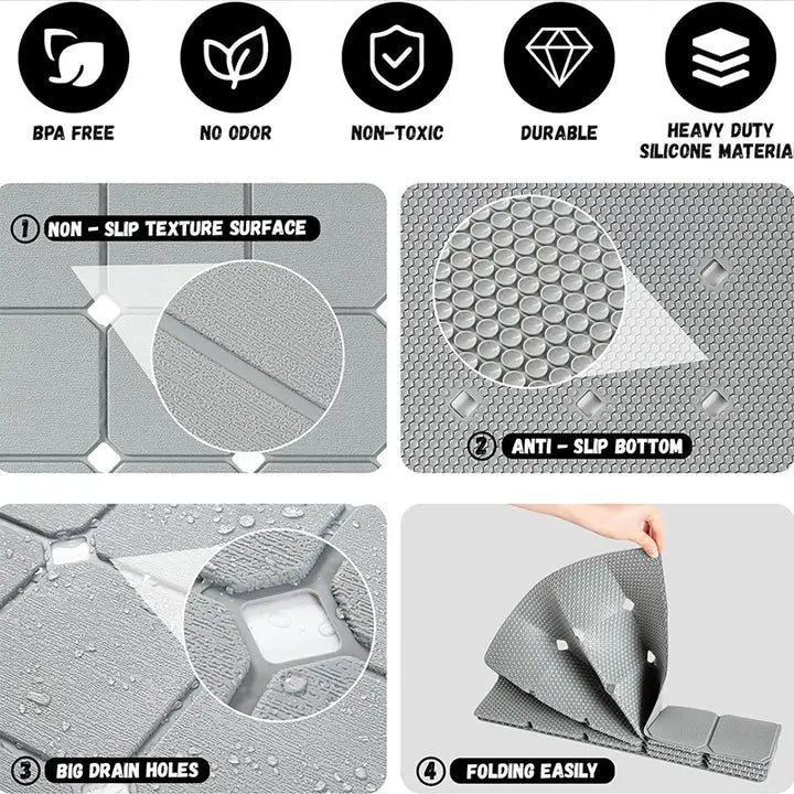 Antislip Badmat Siliconen met Zuignappen en Afvoergaten Vouwbaar voor Bad en Douche Badkamer 45×70 cm Grijs | Sulvida