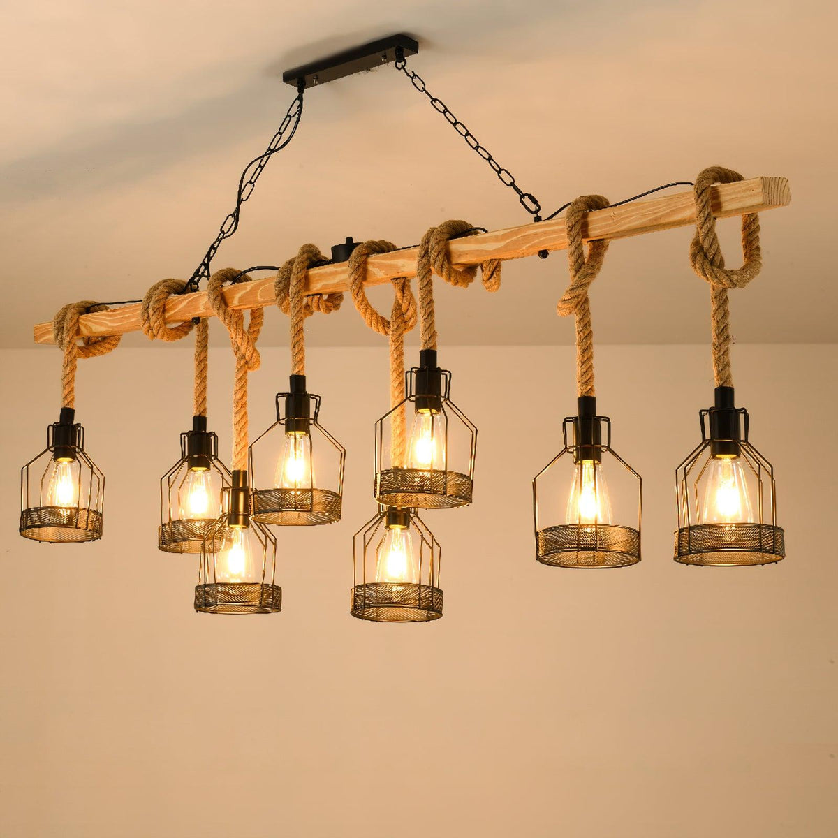 Henneptouw hanglamp industrieel vintage armatuur meerlichts voor horeca, bar, woonkamer en eetkamer sfeer | Sulvida
