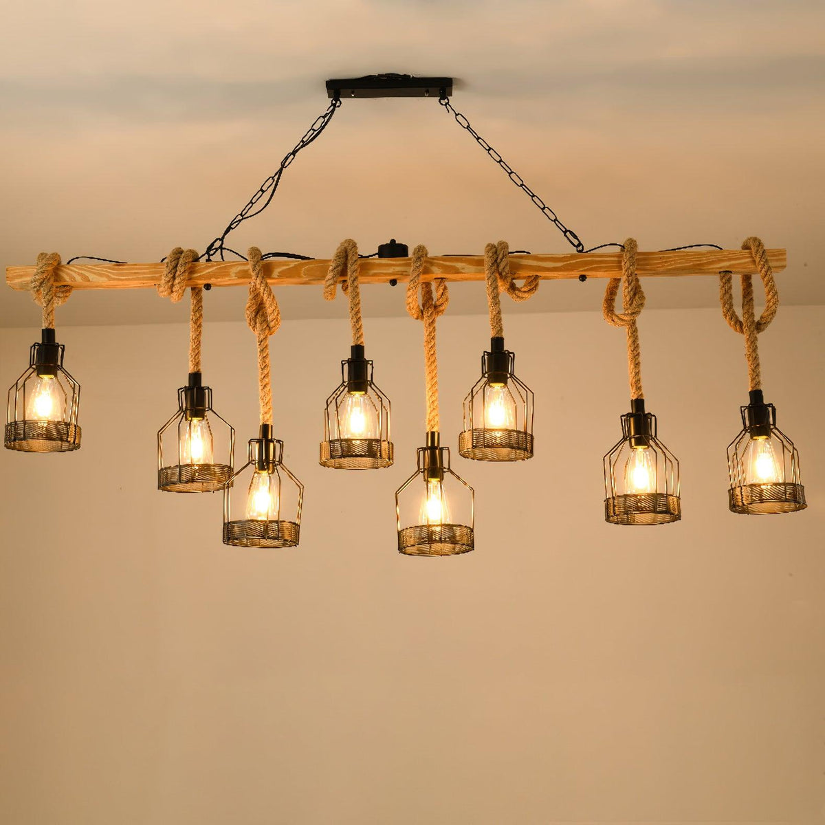 Henneptouw hanglamp industrieel vintage armatuur meerlichts voor horeca, bar, woonkamer en eetkamer sfeer | Sulvida