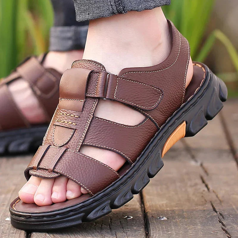 Herensandalen leer orthopedisch voetbed bruin zwart zomer wandelen comfort ademend massage-inzool outdoor | Sulvida