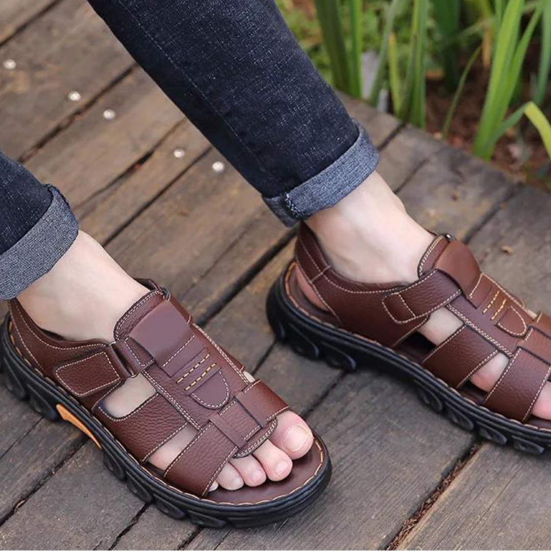 Herensandalen leer orthopedisch voetbed bruin zwart zomer wandelen comfort ademend massage-inzool outdoor | Sulvida