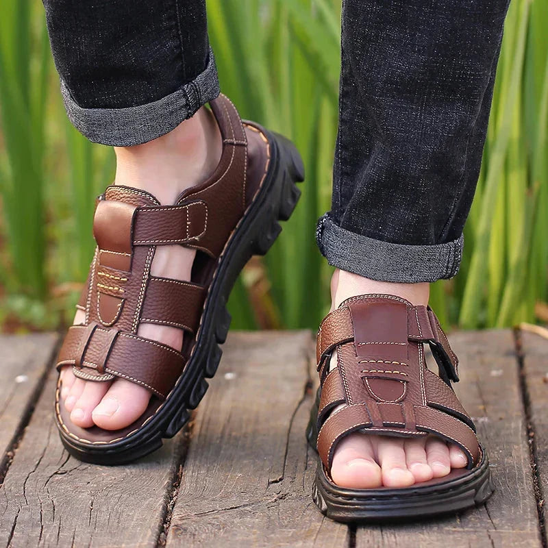 Herensandalen leer orthopedisch voetbed bruin zwart zomer wandelen comfort ademend massage-inzool outdoor | Sulvida