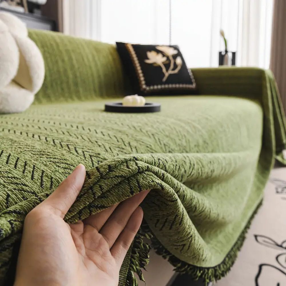 Chenille Bankhoes Visgraat Franjes Antislip Bescherming Stijlvol Huisdierenproof Machinewasbaar Meubelbeschermer | Sulvida