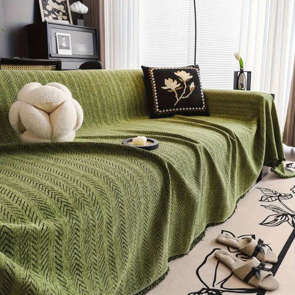 Chenille Bankhoes Visgraat Franjes Antislip Bescherming Stijlvol Huisdierenproof Machinewasbaar Meubelbeschermer | Sulvida