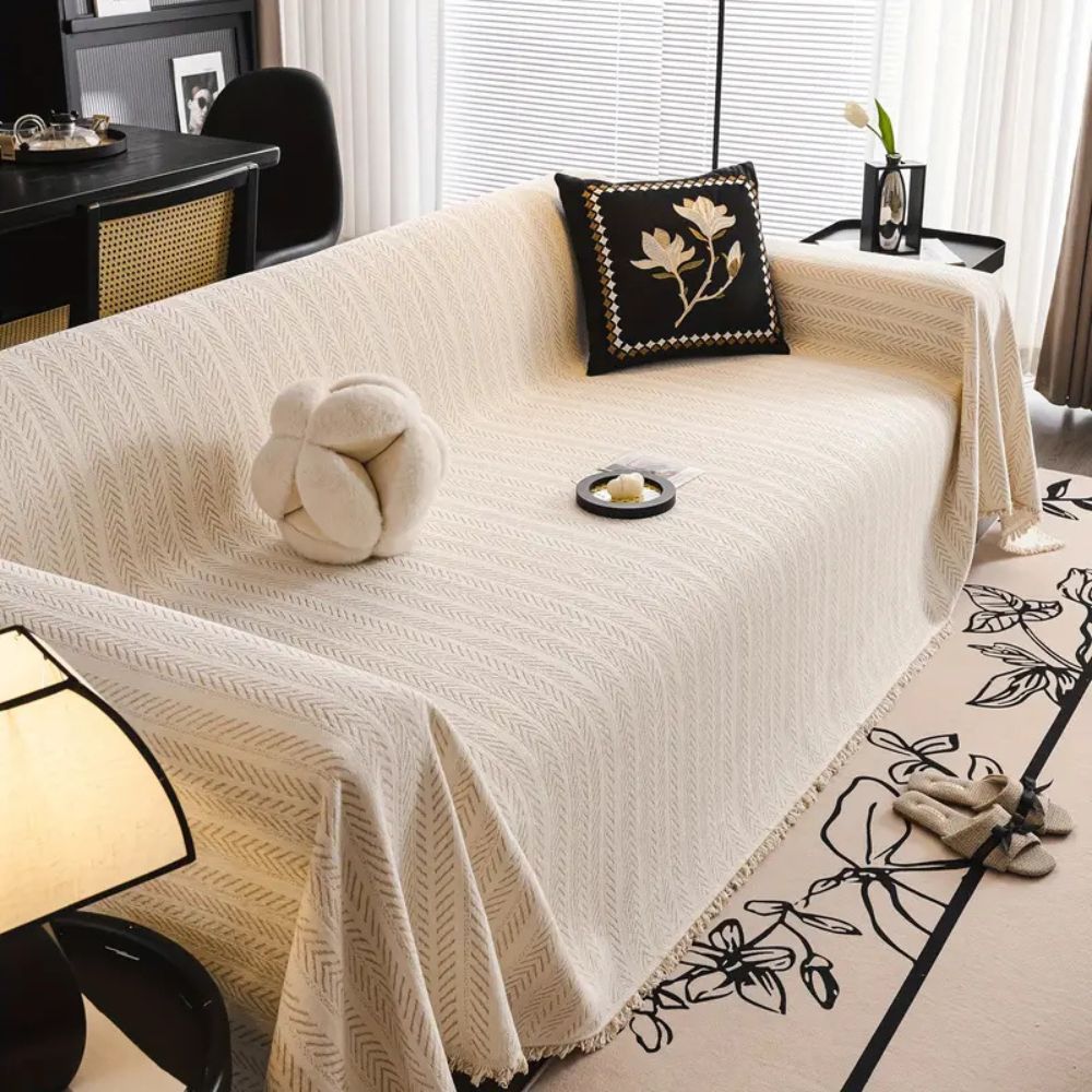 Chenille Bankhoes Visgraat Franjes Antislip Bescherming Stijlvol Huisdierenproof Machinewasbaar Meubelbeschermer | Sulvida