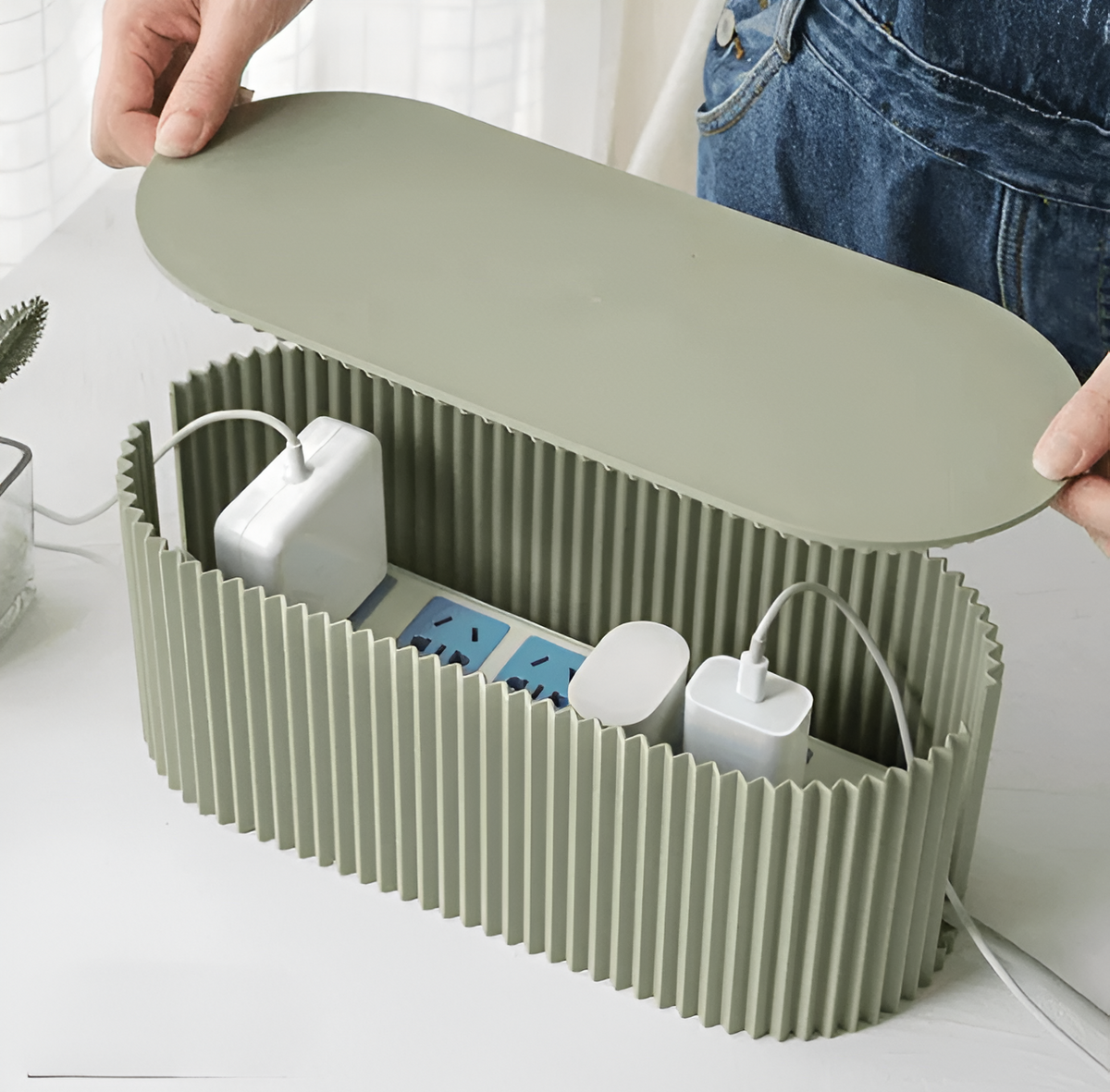 Kabelorganizer Box Minimalistisch Design Kabelbeheer Opbergdoos 33×13×11cm Groen Wit Bruin Kantoor Thuiswerken | Sulvida