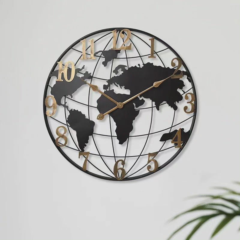 Decoratieve Wereldkaart Wandklok Metaal 60cm Zwart Goud Zilver Modern Design Interieur Woonkamer Kantoor | Sulvida