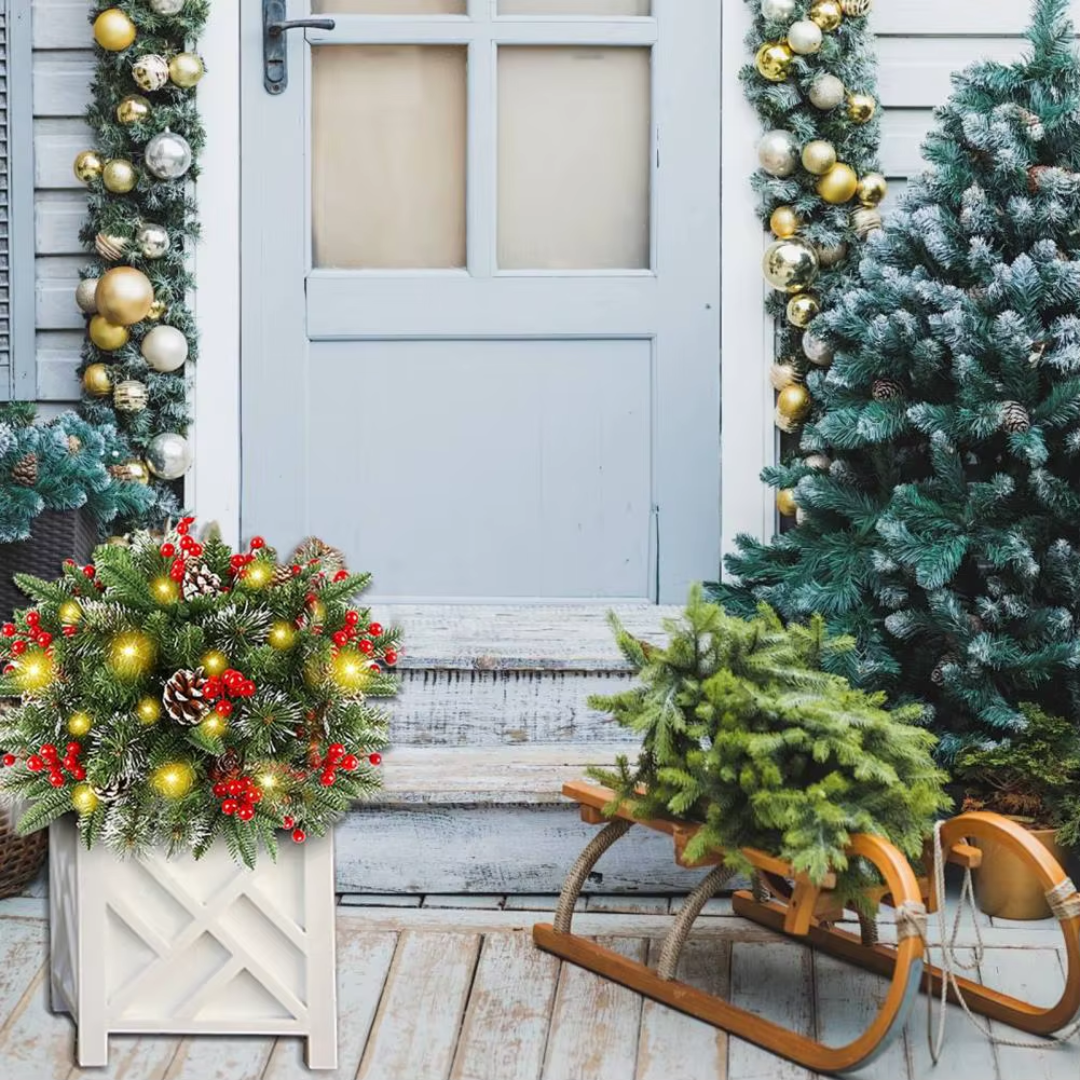 Verlichte Decoratiekrans met LED Batterij Kerstdecoratie Standaard Dennenappels Besjes Binnen Buiten | Sulvida