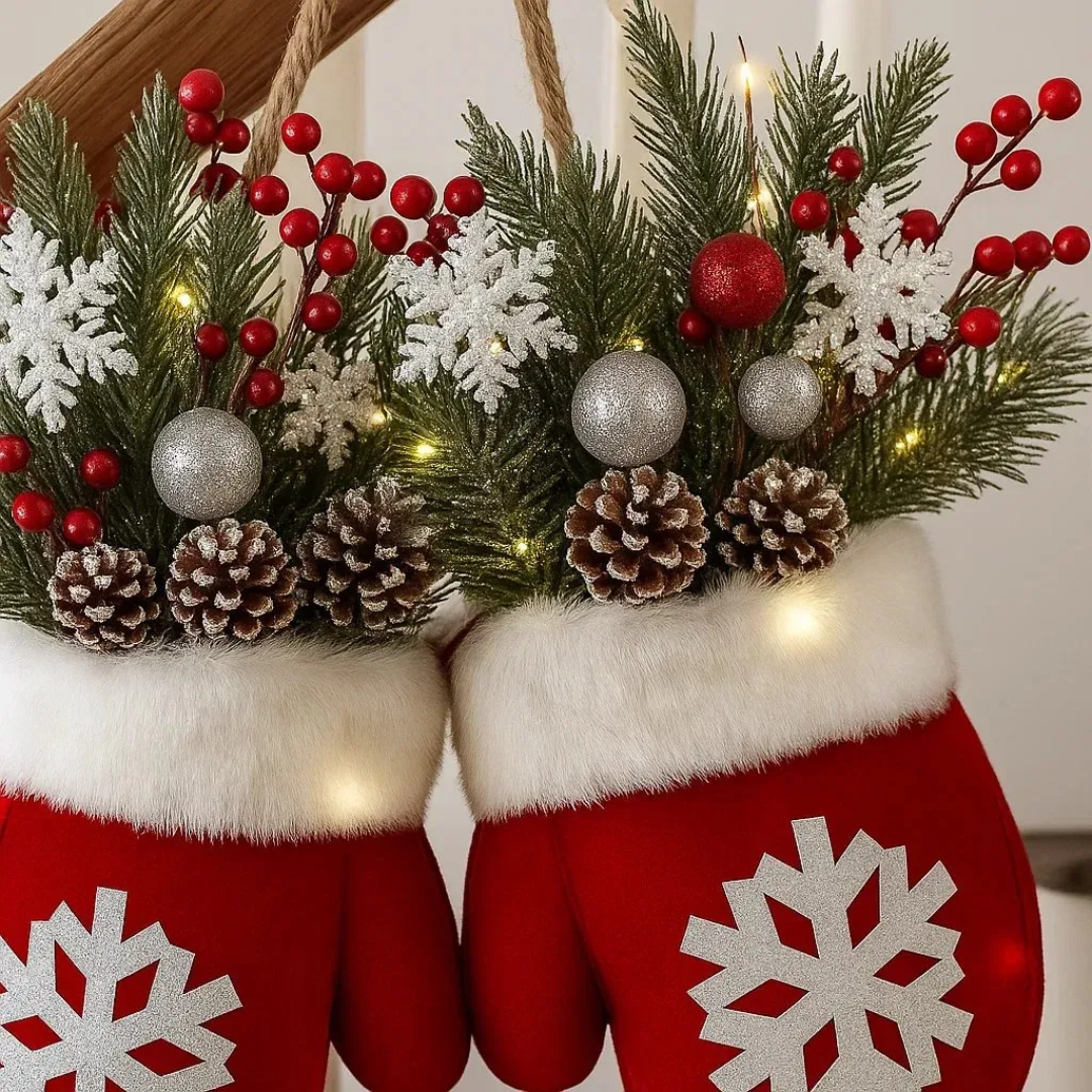 Pluche Winterhandschoenen Deurbehang met LED-Verlichting Rood Kerstdecoratie 30x30 cm Sneeuwvlokken Deur | Sulvida