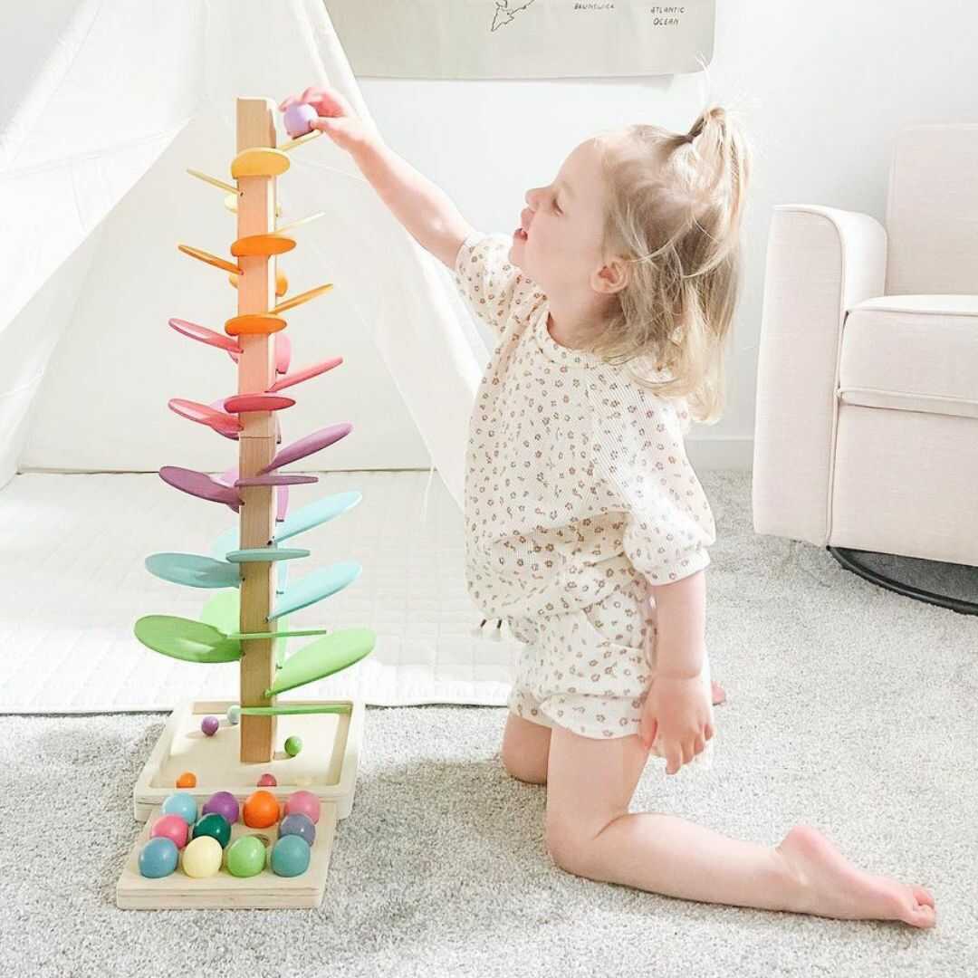 Houten Regenboog Knikkerbaan met Geluid 71cm – Educatief Montessori Speelgoed voor Kinderen met Kleur- en Geluidservaring | Sulvida