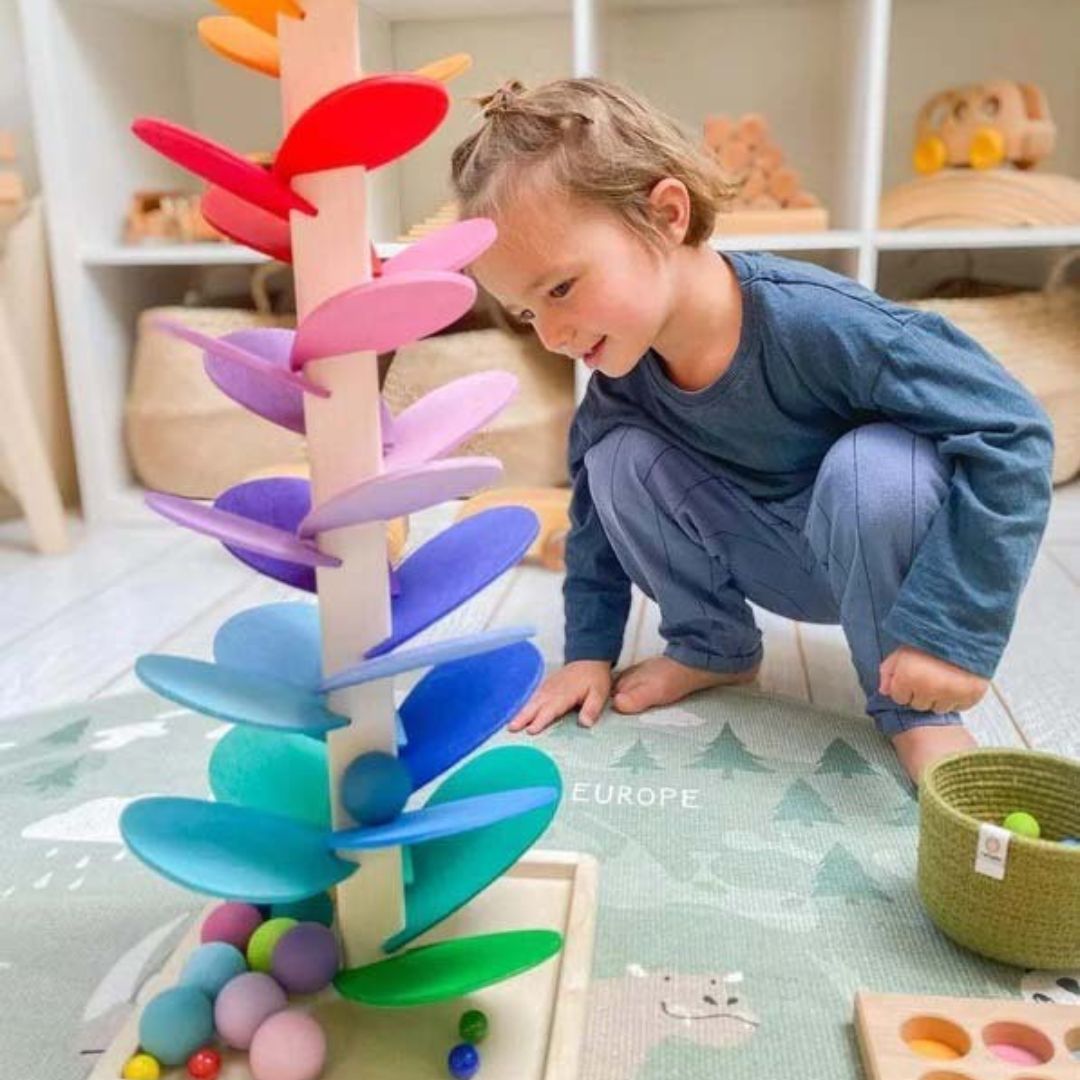 Houten Regenboog Knikkerbaan met Geluid 71cm – Educatief Montessori Speelgoed voor Kinderen met Kleur- en Geluidservaring | Sulvida