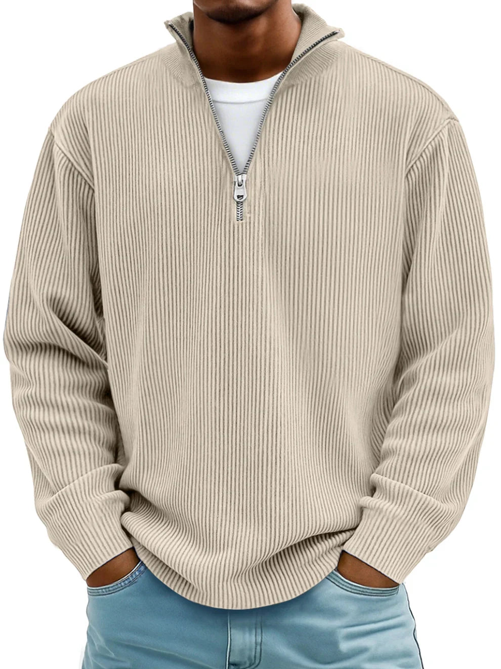 Pull homme côtelé à col zippé – Style casual chic et professionnel pour l’automne et l’hiver – Confortable | Sulvida