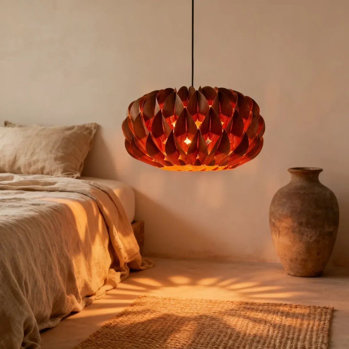Houten hanglamp essenhout fineer cilindervorm slaapkamer eetkamer woonkamer warm licht sfeerverlichting | Sulvida