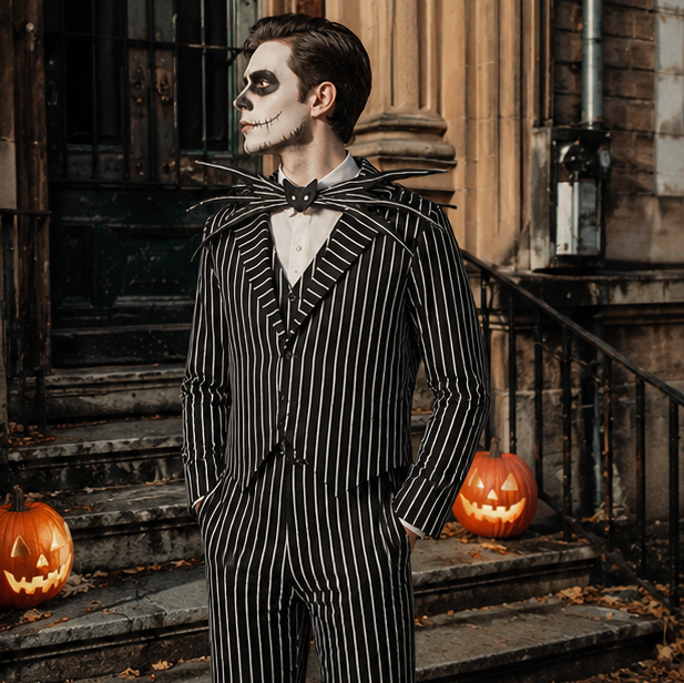 Skelet Cosplay Kostuum met Gestreept Pak en Masker voor Halloween Themafeesten en Carnaval Volwassenen | Sulvida