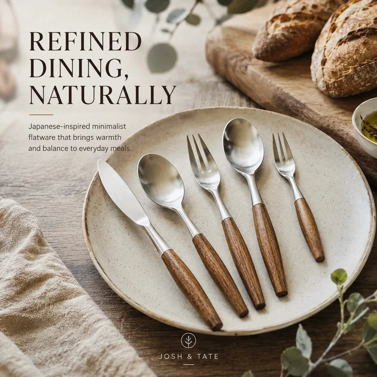 5-delig Bestek met Houten Handvat Natuurlijk Eikenfineer Tafelbestek Roestvrij Staal Dinerbestek Elegant | Sulvida