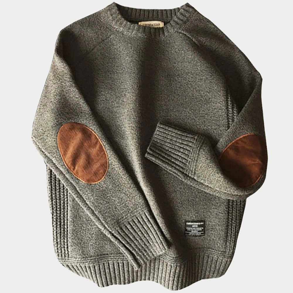 Pull pour homme gris chiné avec coudières | pull à col rond en mélange doux de cachemire avec poignets côtelés | Sulvida