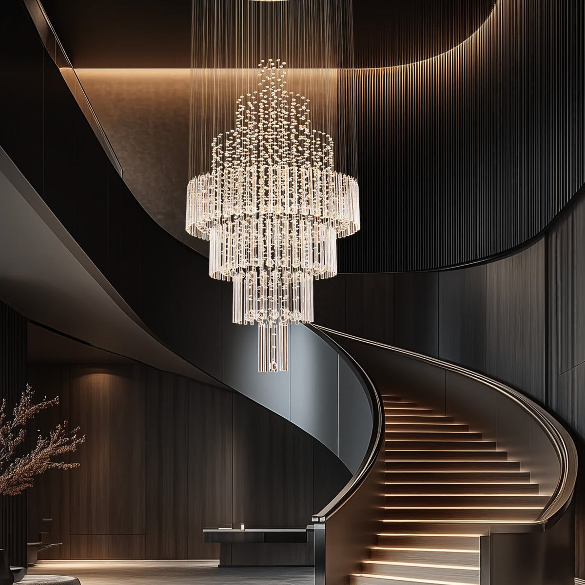 Kristallen regendrup kroonluchter rond chroom spiraal voor hal trappenhal hoge plafonds luxe design verlichting | Sulvida