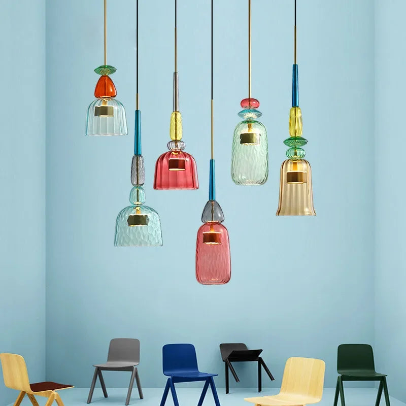 Glazen Hanglamp Met Kleurrijke Kap Modern Design Verstelbaar Macaron Stijl Woonkamer Eetkamer Kantoor Verlichting | Sulvida