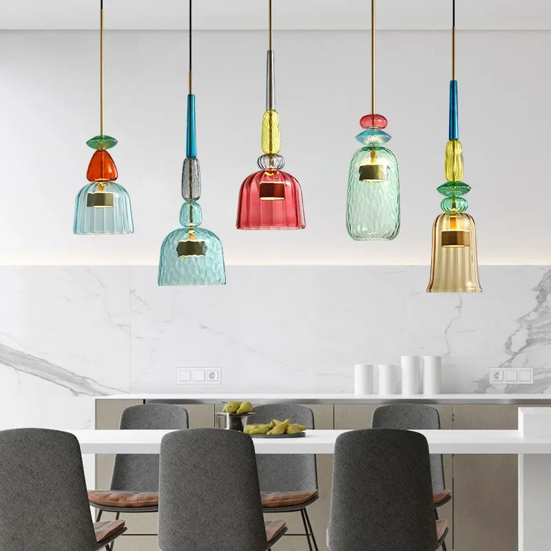 Glazen Hanglamp Met Kleurrijke Kap Modern Design Verstelbaar Macaron Stijl Woonkamer Eetkamer Kantoor Verlichting | Sulvida