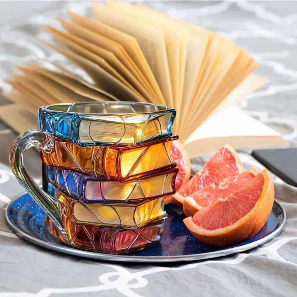 Boekenminnaar Beker met 3D Boekrug Design – Duurzaam Glas 350 ml – Literatuur Geschenk voor Thee Koffie | Sulvida