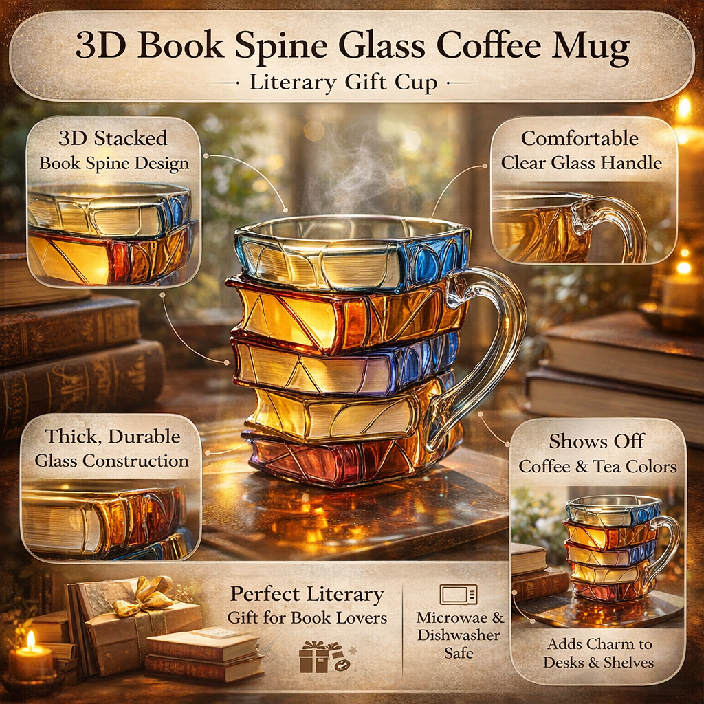Boekenminnaar Beker met 3D Boekrug Design – Duurzaam Glas 350 ml – Literatuur Geschenk voor Thee Koffie | Sulvida