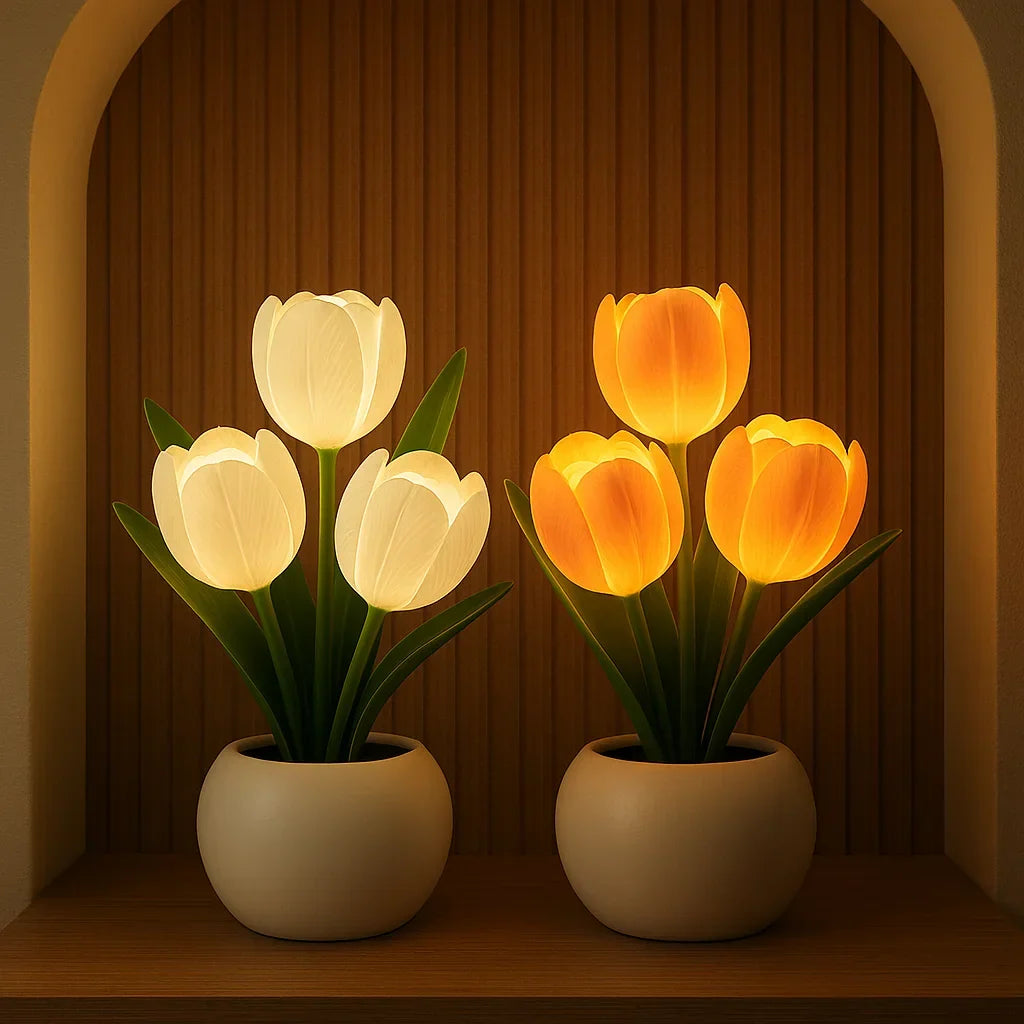 Decoratieve LED Tulpenlamp voor Woonkamer – Warm Wit Licht – Sfeervolle Bloemenlamp met Vaas – Moderne Tafellamp Nachtlamp voor Slaapkamer of Bureau | Sulvida