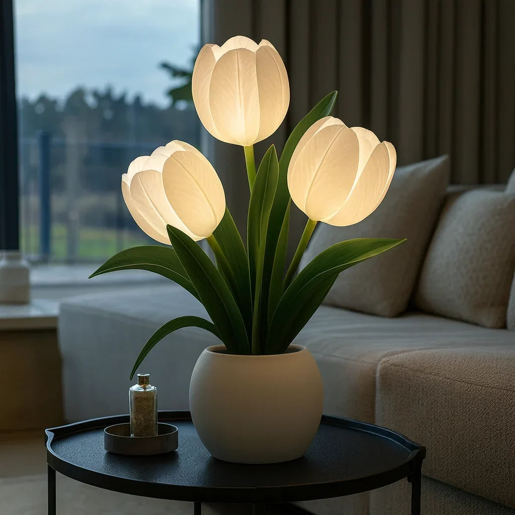 LED Tulpenlamp met Dimbare Verlichting 23 cm Inclusief Glazen Vaas Warmwit Decoratieve Kunstbloem Sfeerverlichting | Sulvida